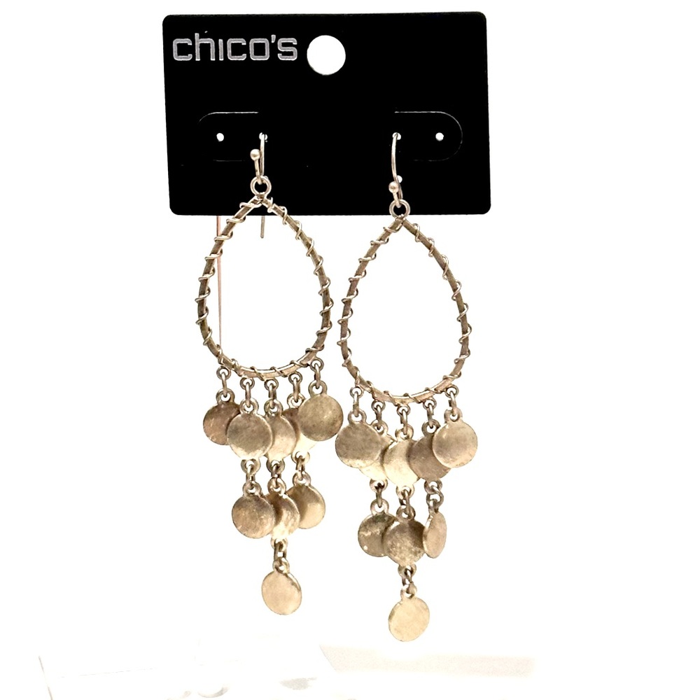 CHICO’s Antiqued Gold Wire-wrapped Disc Dangle Earrings NWT - Picture 3 of 8